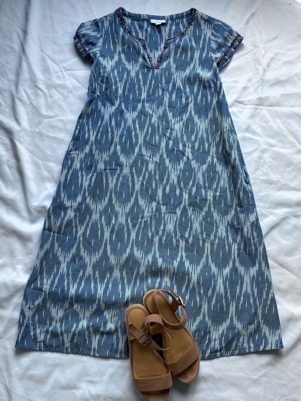 Pure Jill Blue Ikat Dress with Subtle V-Neck